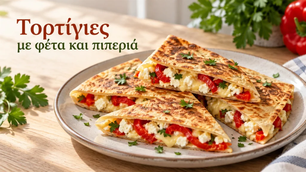 tragana trigona tortigias me feta kai kokkini piperia se piato